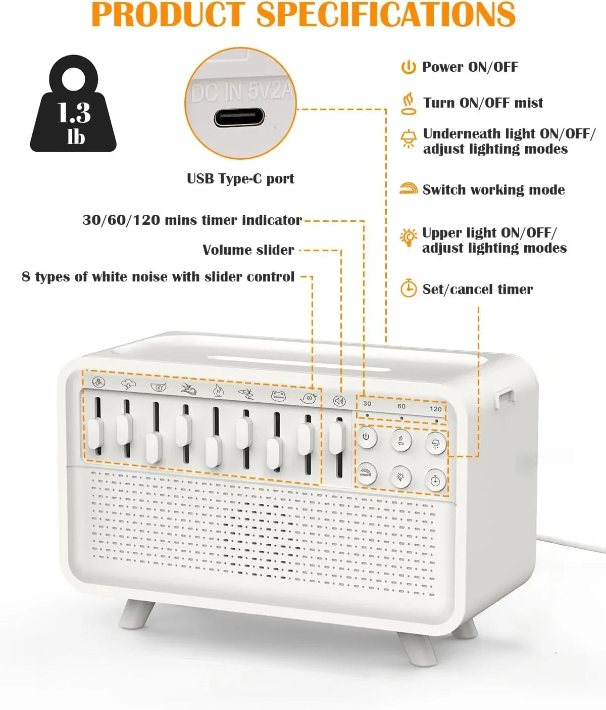 4 in 1 HIFI Bluetooth Speaker LED White Noise Speaker White Noise Sleep Aid Night Light Humidifier Machine with 8 Nature Sounds