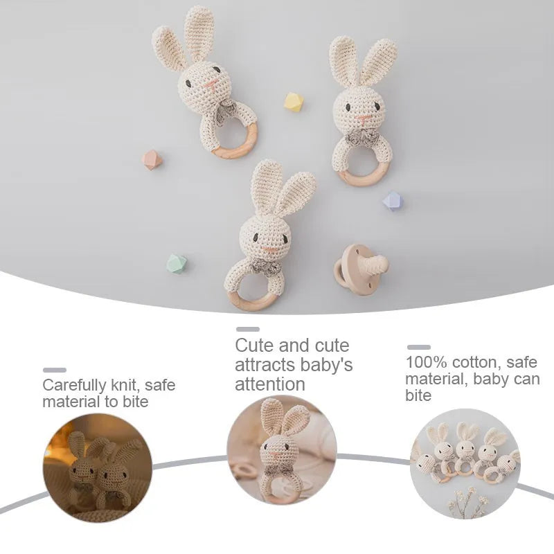 Let's Make Baby Rattles Crochet Bunny Rattle Toy Wood Ring Baby Teether Rodent Baby Gym Mobile Newborn Educational Rattles Toys
