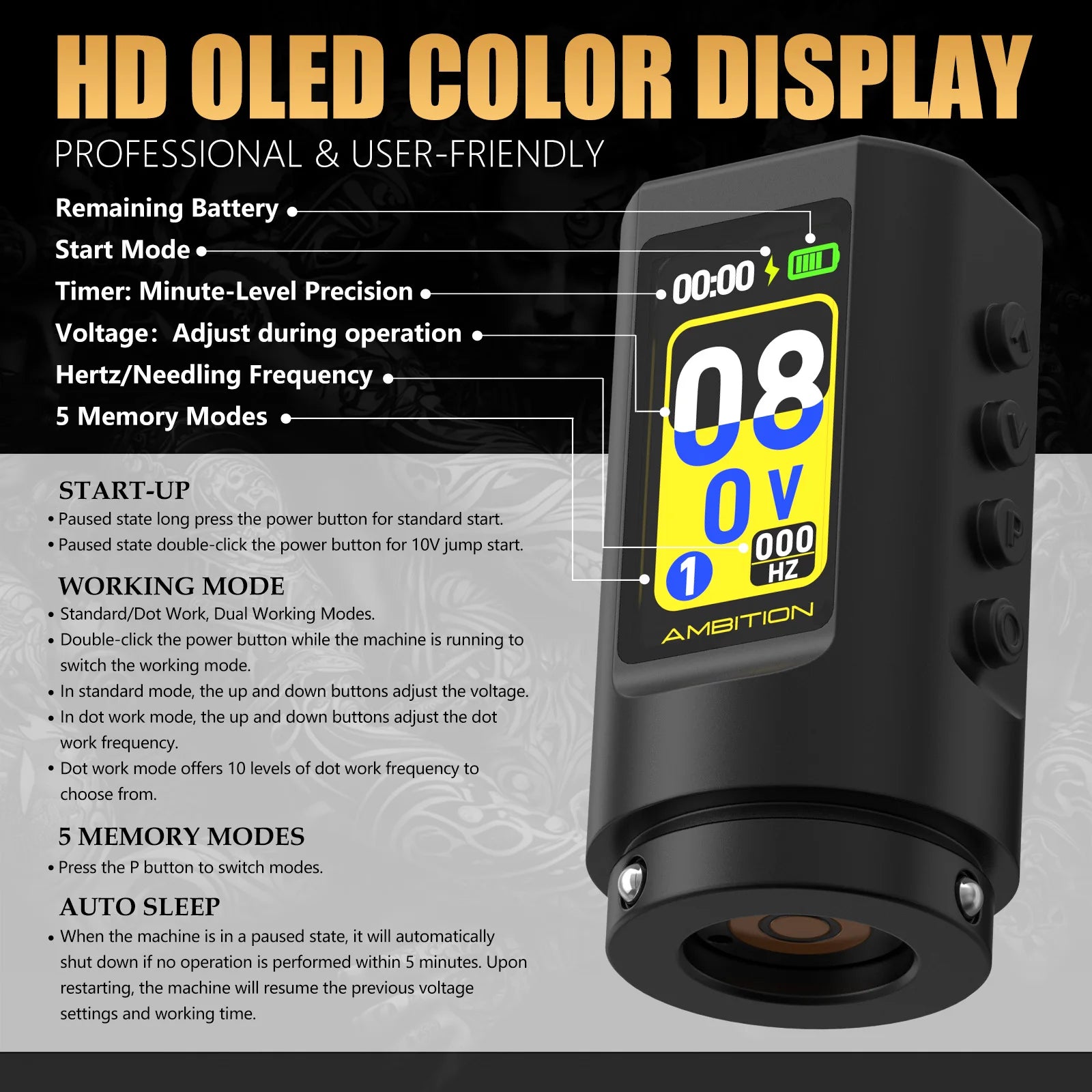 Ambition C3 Coreless Motor Body Makeup Professional Wireless Tattoo Machine Pen 7 Adjustable Stroke 2.0-4.2mm For Tattoo Artists