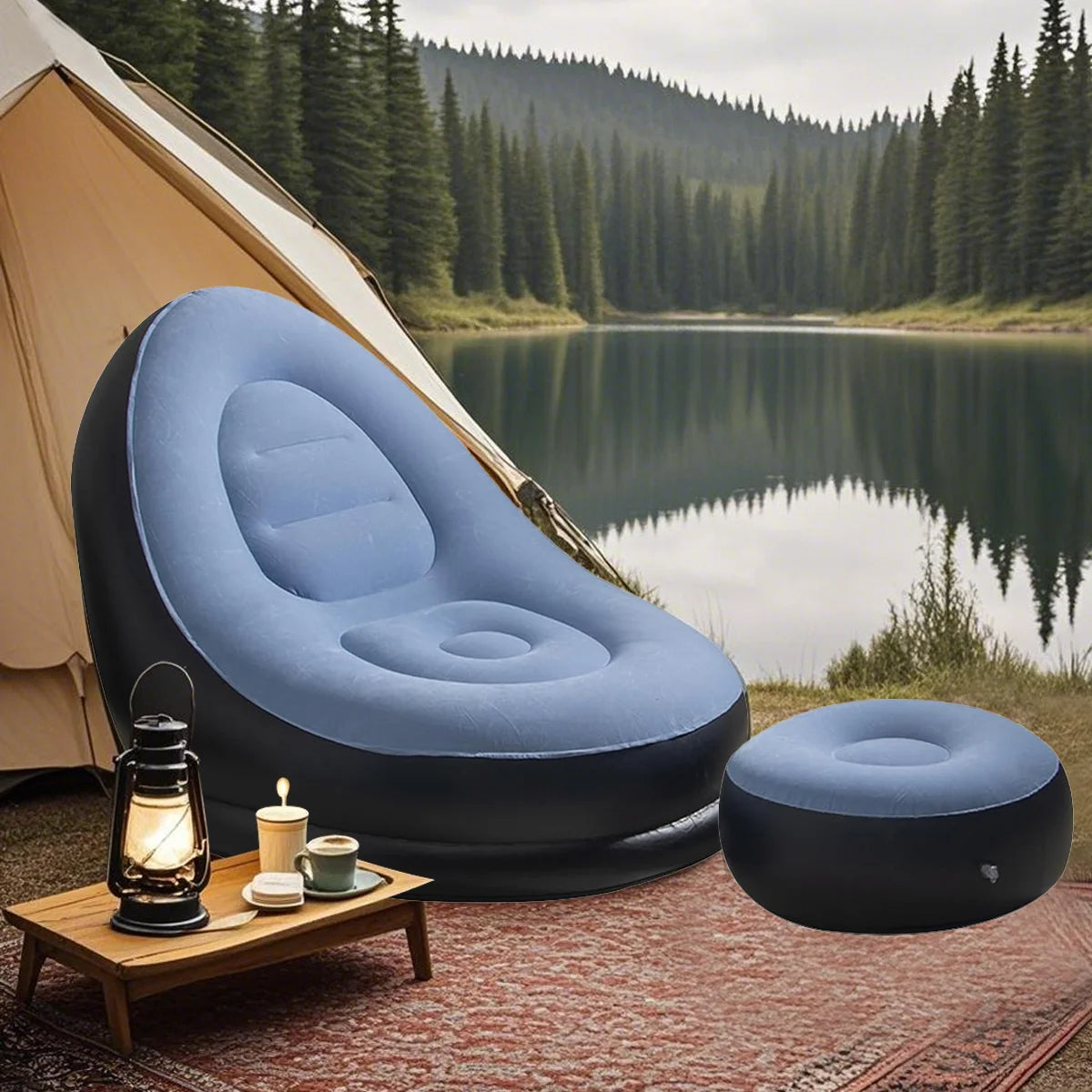 Lazy Sofa Inflatable Chair Folding Recliner (Sofa + Footrest) Outdoor Sofa Bed with Footrest Indoor and Outdoor Portable Folding Air Mattress Nap Leisure Chair Set