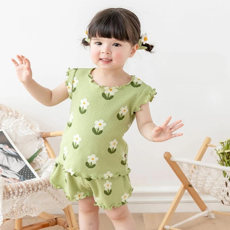 Bear Leader Summer New Pajama Baby Girl Clothes 3-7 Years Old Flower Printed Short Sleeved Top + Shorts Cute Children's Set