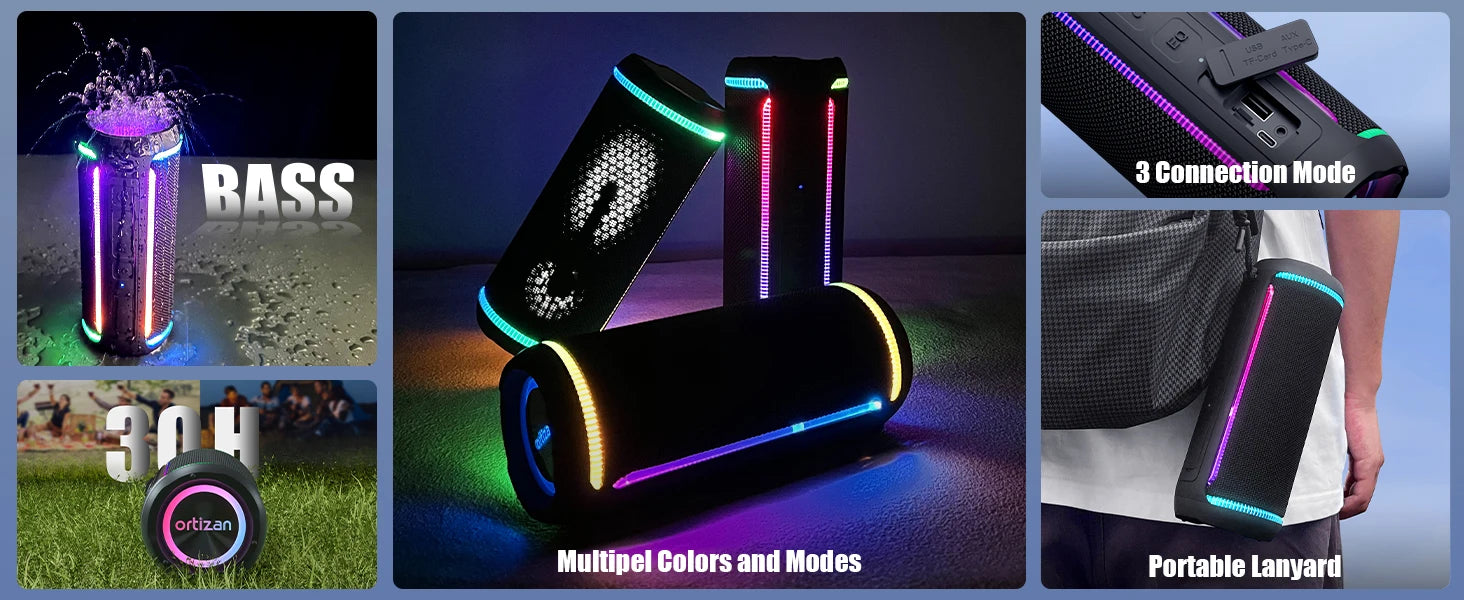 Ortizan X30 Portable Bluetooth Speaker Bluetooth 5.3 Wireless Speaker with 40W HD Loud Stereo Sound and RGB Colorful Lights AUX
