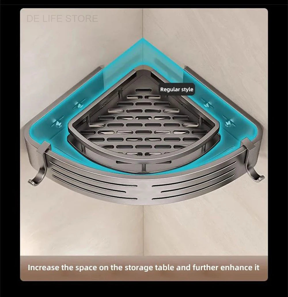 1-2PCS Bathroom Corner Shelf with Plastic Hook Towel Bar No Drill Space Aluminum Shower Storage Rack Bathroom Organizer