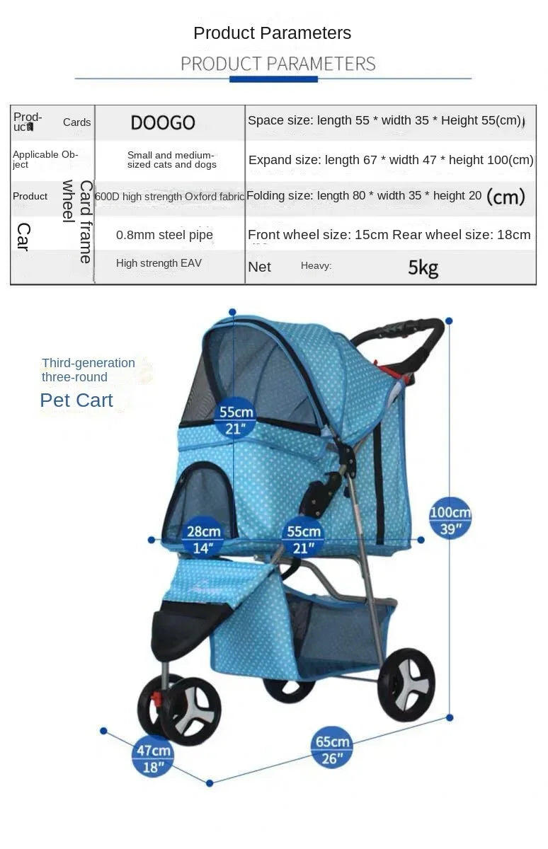 Lightweight Folding Pet Trolley Cat, Dog and Cart Three-wheeled Pet Cart Go Out Cart Supplies Dog Stroller