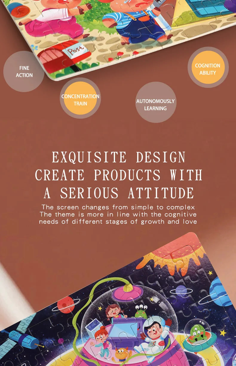 Clearance_60PCS Wooden Jigsaw Color 3D Puzzle Cartoon Characters Animal Early Educational Learning Logical Thinking Focus Puzzle