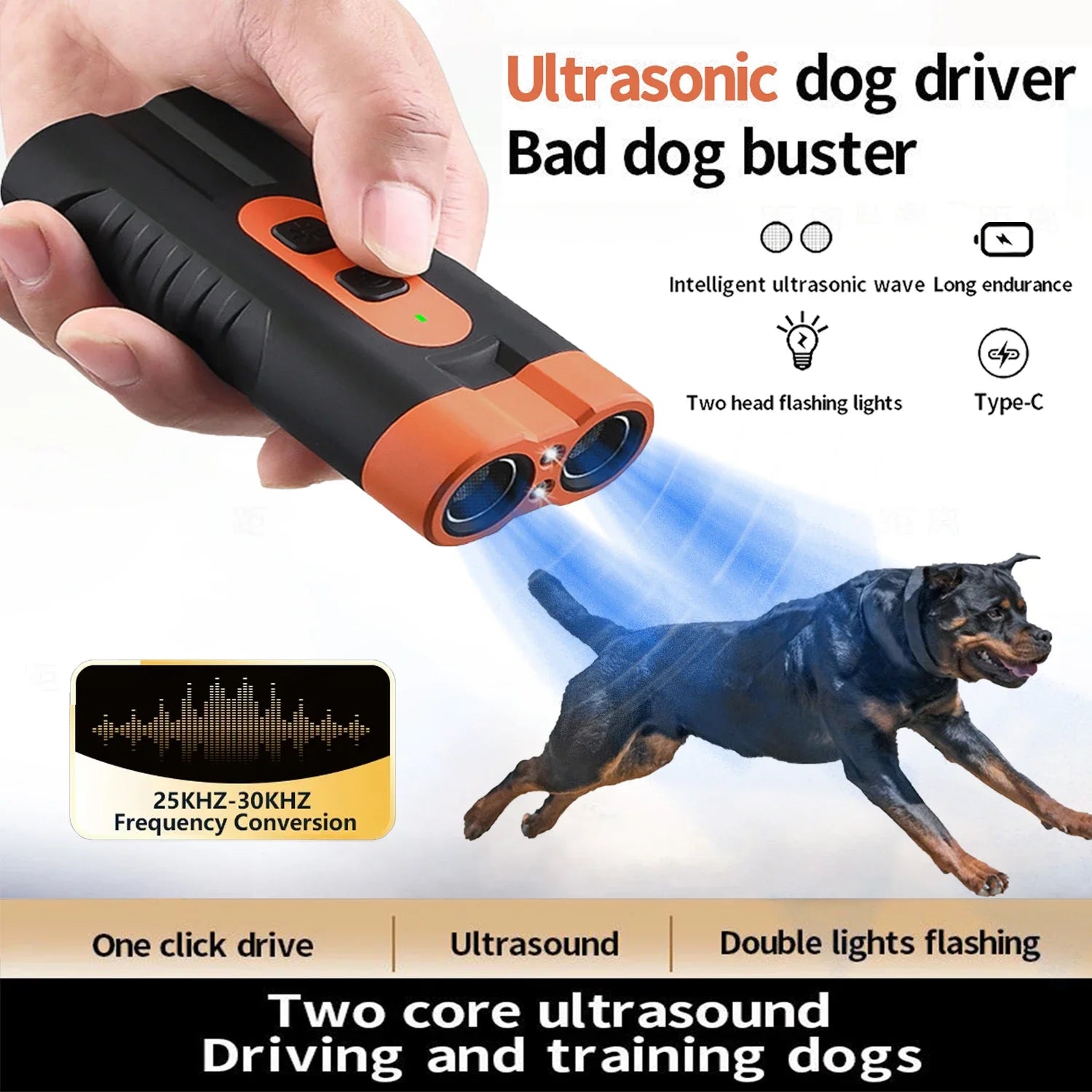 New Dual Head Ultrasonic Dog Repeller USB Rechargeable Dog Training Device High-Power Anti Bark Device with LED Flashlight