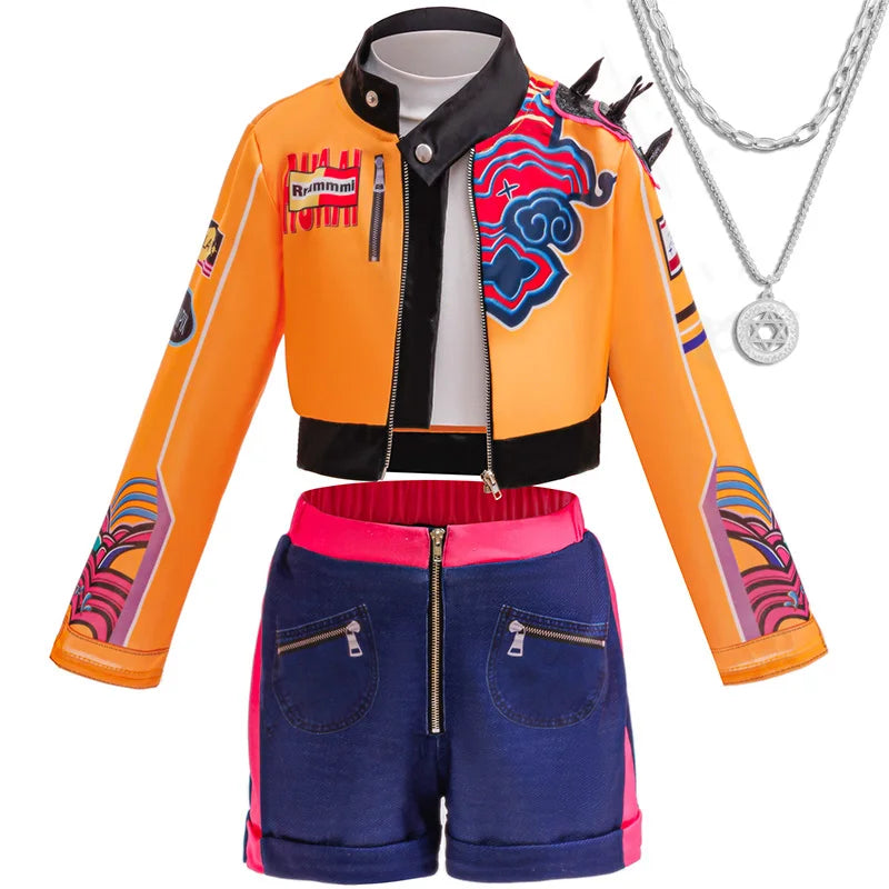 Girl Devil Hunter Pop Singer Embroidered Coat Top Shorts Tassel Necklace 4-piece Halloween Stage Set 4-12-year-old Girl Clothes