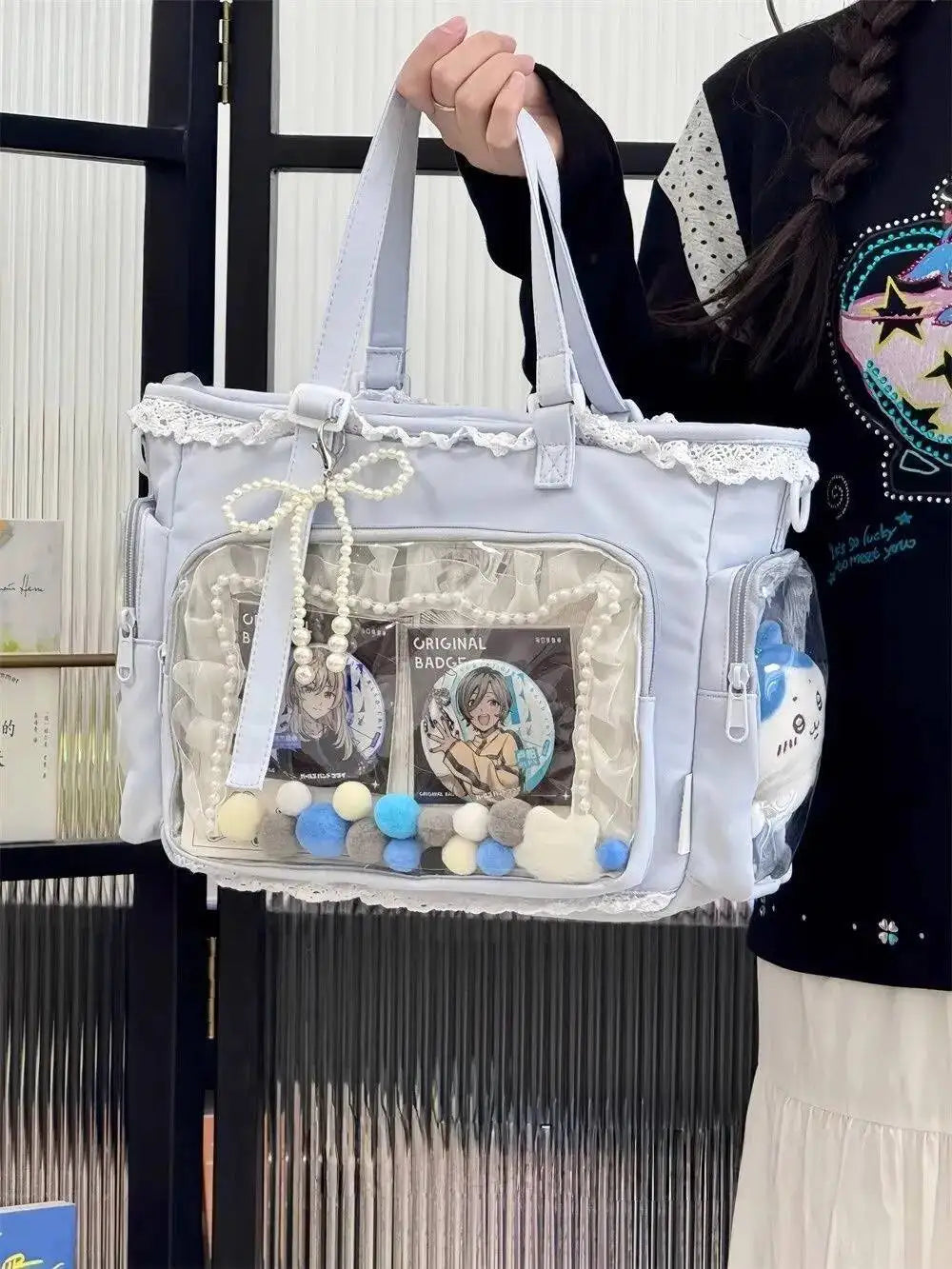 New Y2K Cute Japanese Ita Bag Lolita Girl Transparent Shoulder Tote Bag Large Capacity Crossbody Casual Bag DIY Display Handbags