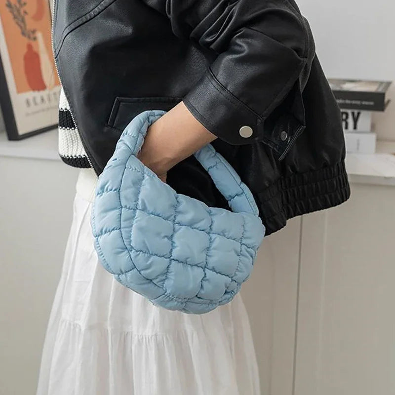 Candy bag Fashion Mini Puffer Tote Bag Quilted Circle Phone Purse  Elegant  Soft Nylon Padded Key Pouch Simple Trend Handbag