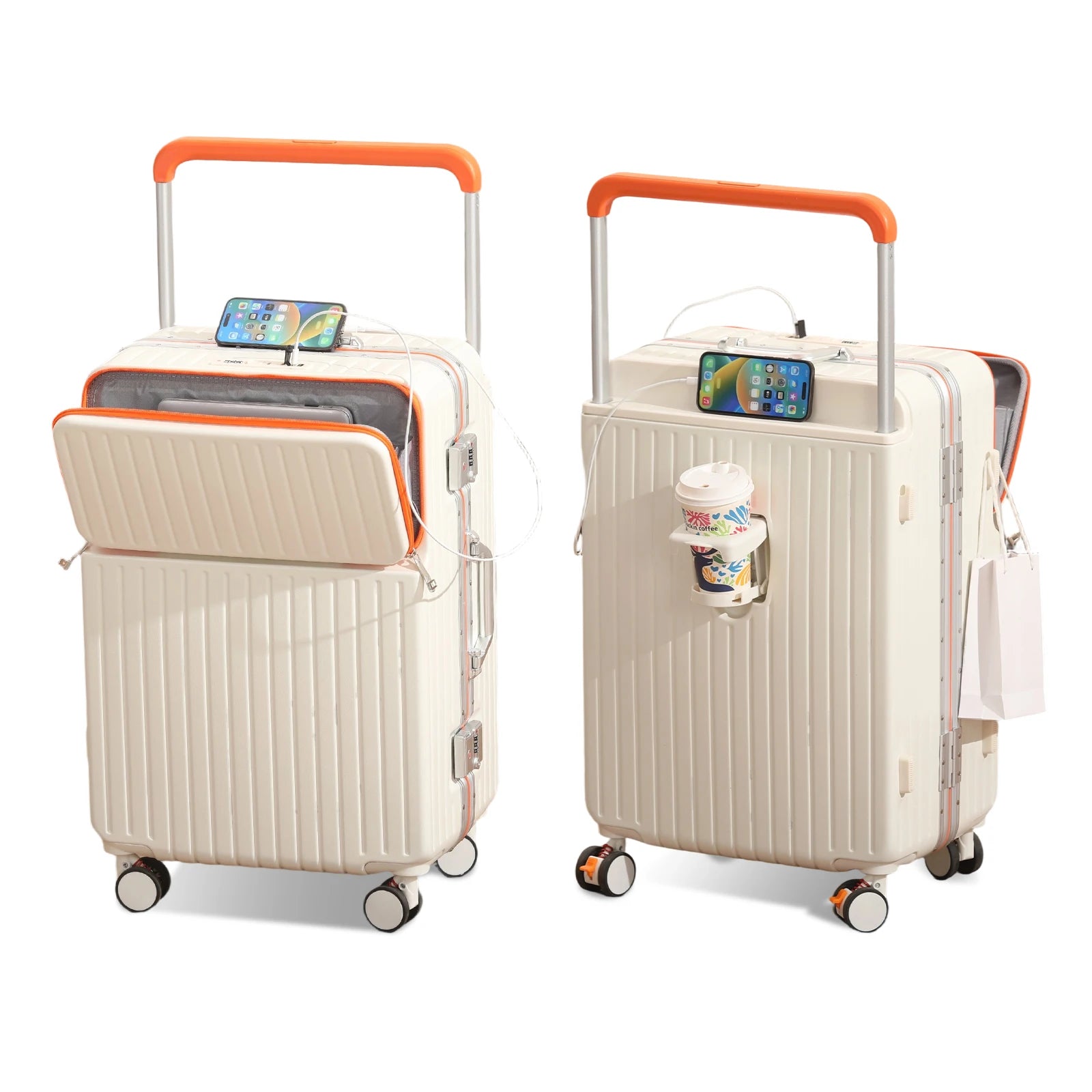 AIWEINY Luggage Aluminum Frame Hard Shell Trolley Case, TSA Lock, with Cup Holder and Phone Holder, USB, 20“-26”