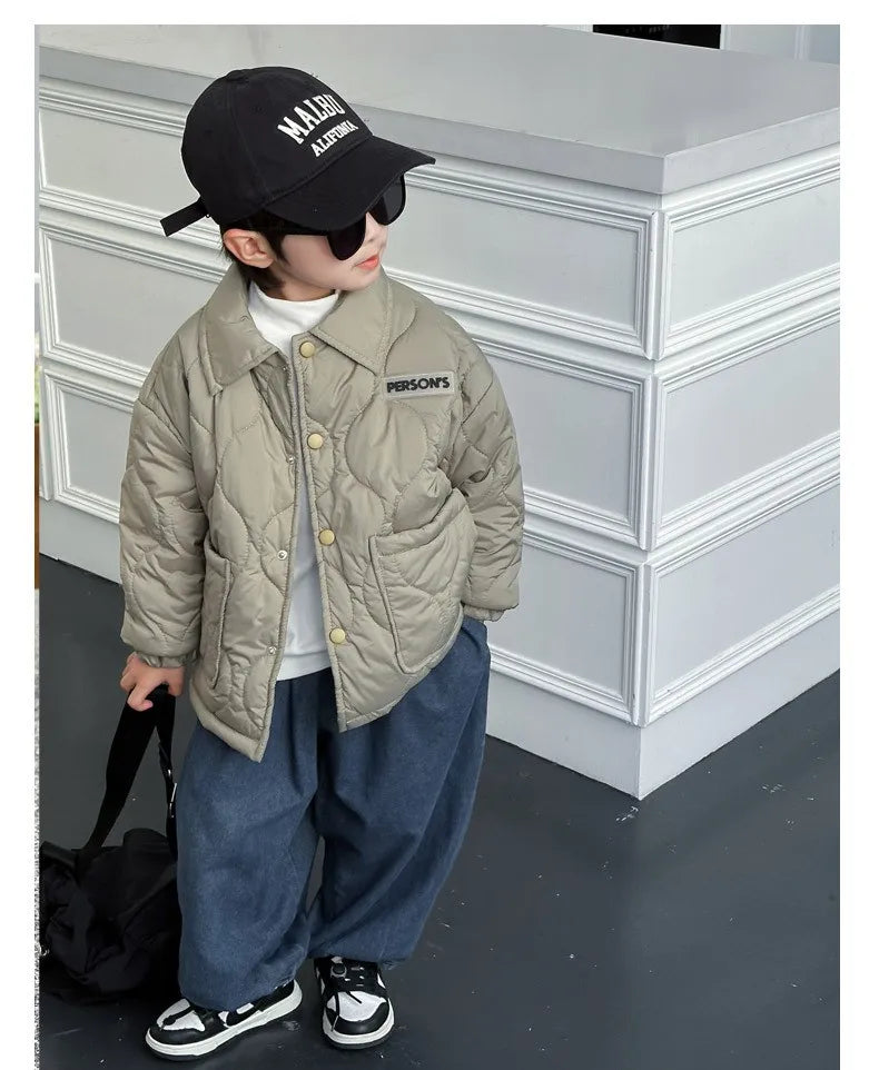 Autumn Kids Cotton Jacket Winter Boys Solid Color Thick Plus Velvet Warm Coat For 3-10 Years Teen Children Outerwear Clothing ﻿