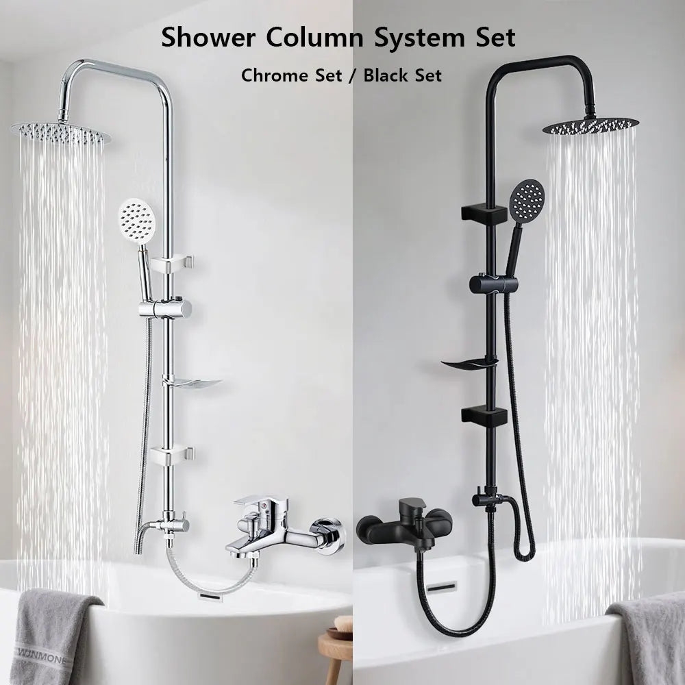 Black/Chrome Bathtub Split Rain Shower Set with Handheld Bathroom Rainfall Shower System Faucet Accessories Adapter Mixer Taps