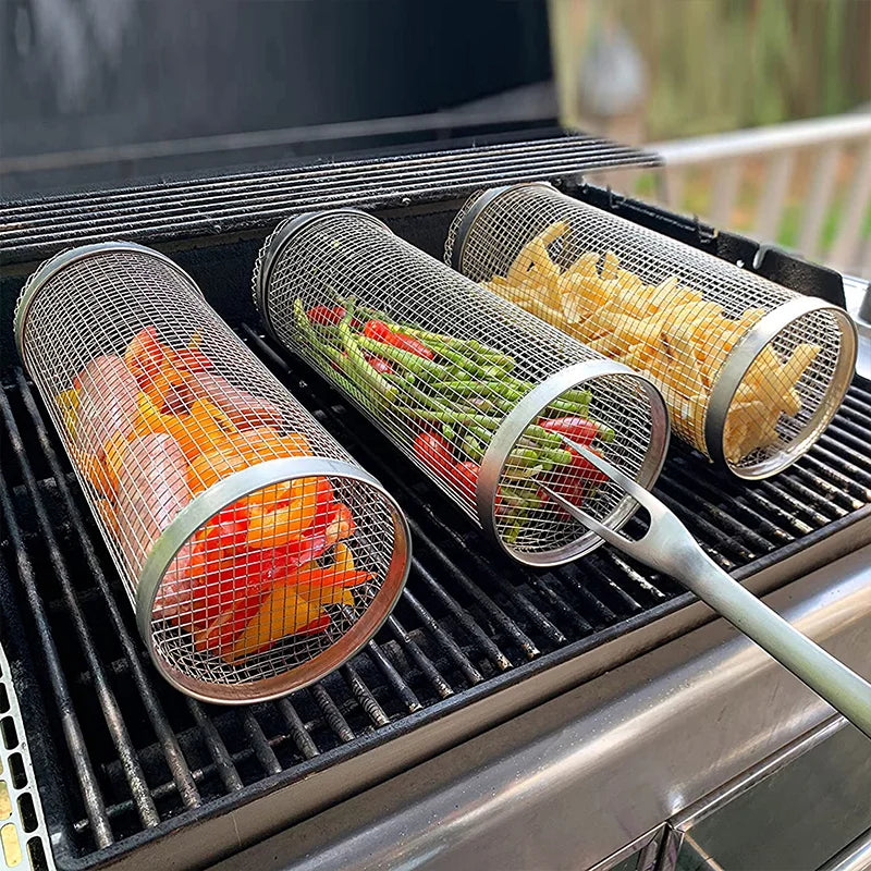 Rolling Bbq Basket- Greatest Grilling Basket Ever, Round Stainless Steel Grill Mesh, Camping Barbecue Rack For Vegetables,Fish