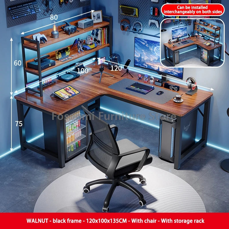 Modern L-Shaped Gaming Work Desk Chair Set Corner PC Table for Room Home Office Computer Desk and Chair Set Furniture with Shelf