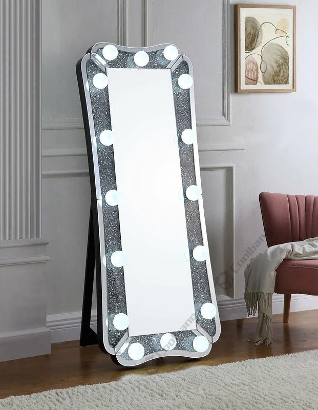 Hot Sale Crushed Diamond Hollywood Luxury Style Dressing Mirror LED Bulbs Floor Mirror