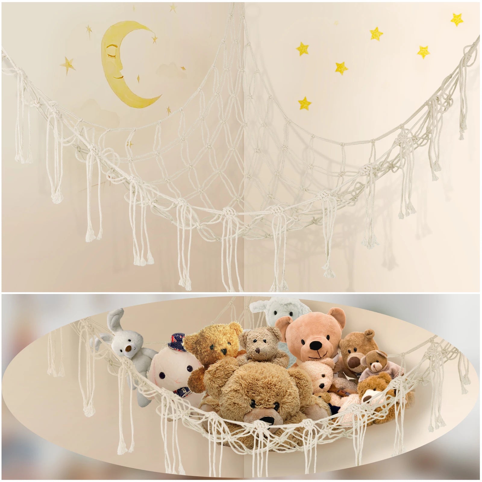 Plush Toy Hammock Large Capacity Stuffed Animals Organizer Net Macrame Tassels Boho Home Wall Decoration Hanging Basket