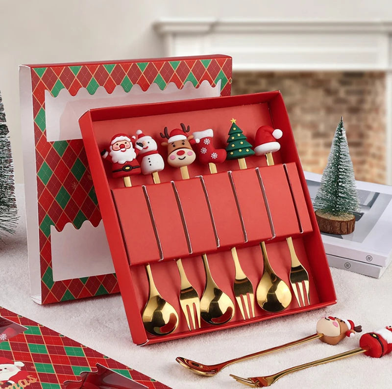 2/4/6Pcs Christmas Fork And Spoon Set,Stainless Steel Creative Tableware,Coffee Tea Dessert Forks And Spoons Gift Set