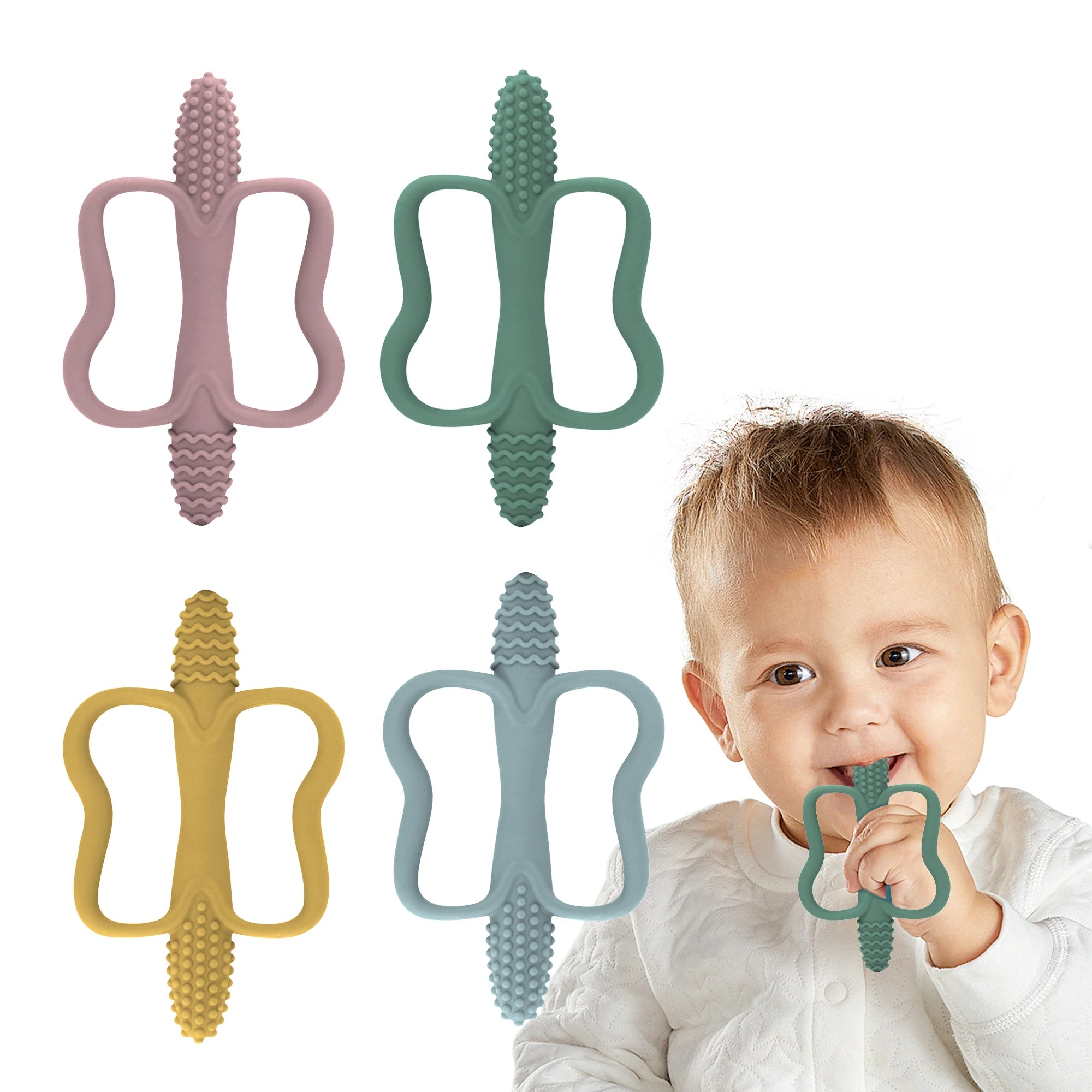 Integrated Silicone Teething Stick with Handle, Baby Toy Teether, Available in 6 Colors, Corn-Shaped Teether.