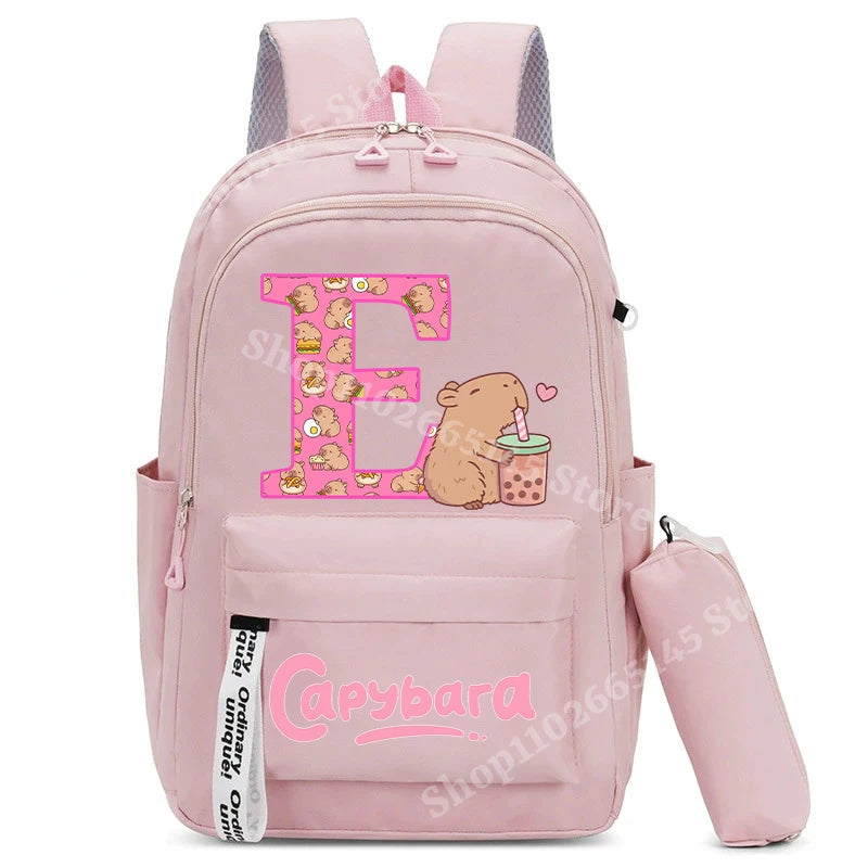 Cute Capibara Kids Backpack with Pencil Case Capybara Kawaii Girls School Bag Stationery Pouch Children Letter A-Z Rucksack Gift