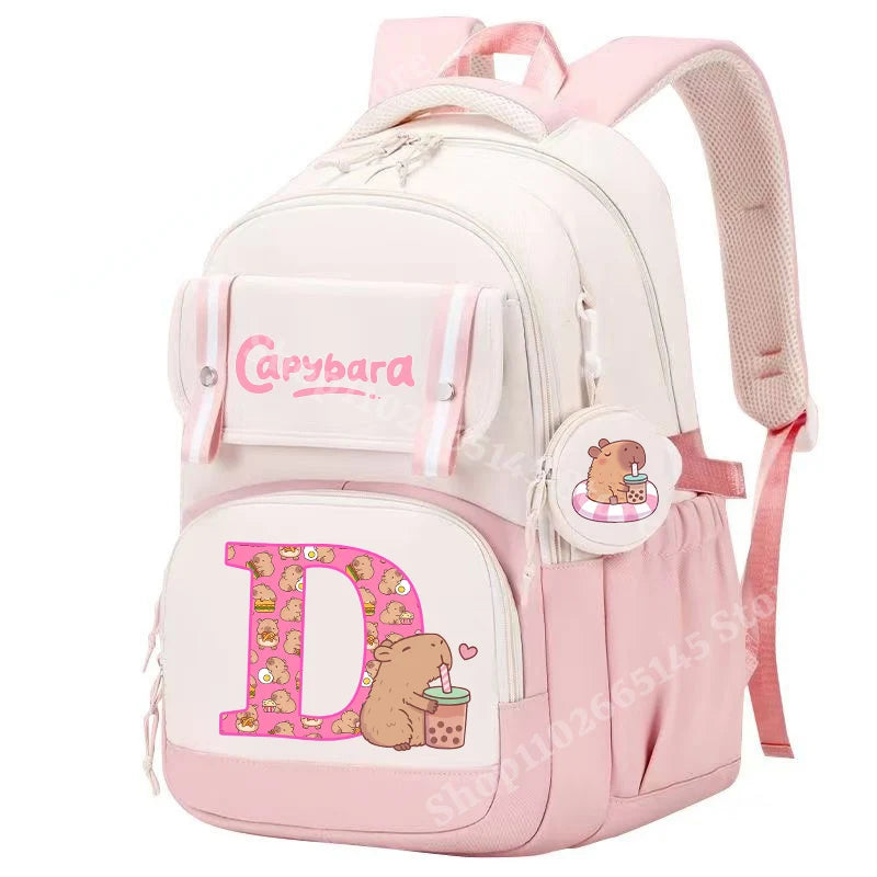 Capibara Cute Backpack Girl Anime Capybara Letter A-Z School Bags Kids Outdoor Sport Shoulders Bag Travel Rucksack Children Gift