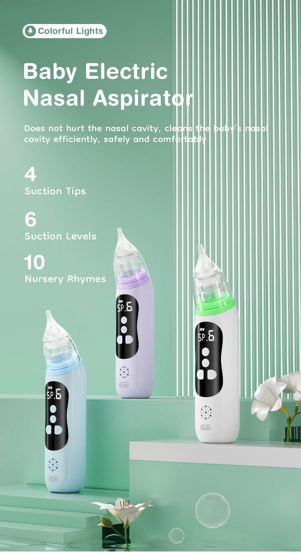 MAMIJOY Baby Electric Nasal Aspirator Nose Suction Device with Food Grade Silicone Mouthpiece 6 Suction Modes and Soothing Music
