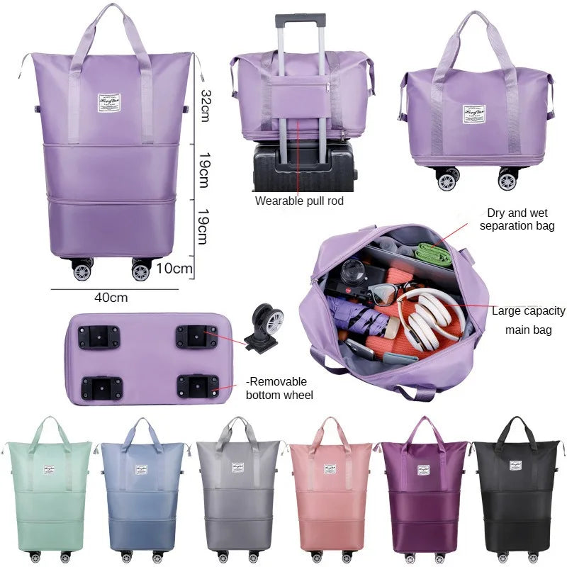 Universal Wheel Expandable Luggage Large Capacity Lightweight Travel Fitness Bag with Dry And Wet Separation Storage