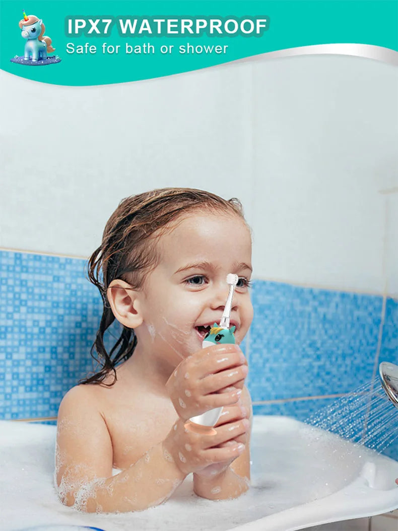 Toddler Sonic Electric Toothbrush for Baby with Cute Unicorn Cover and Smart LED Timer Soft Microfiber Bristles 4 Brush Heads