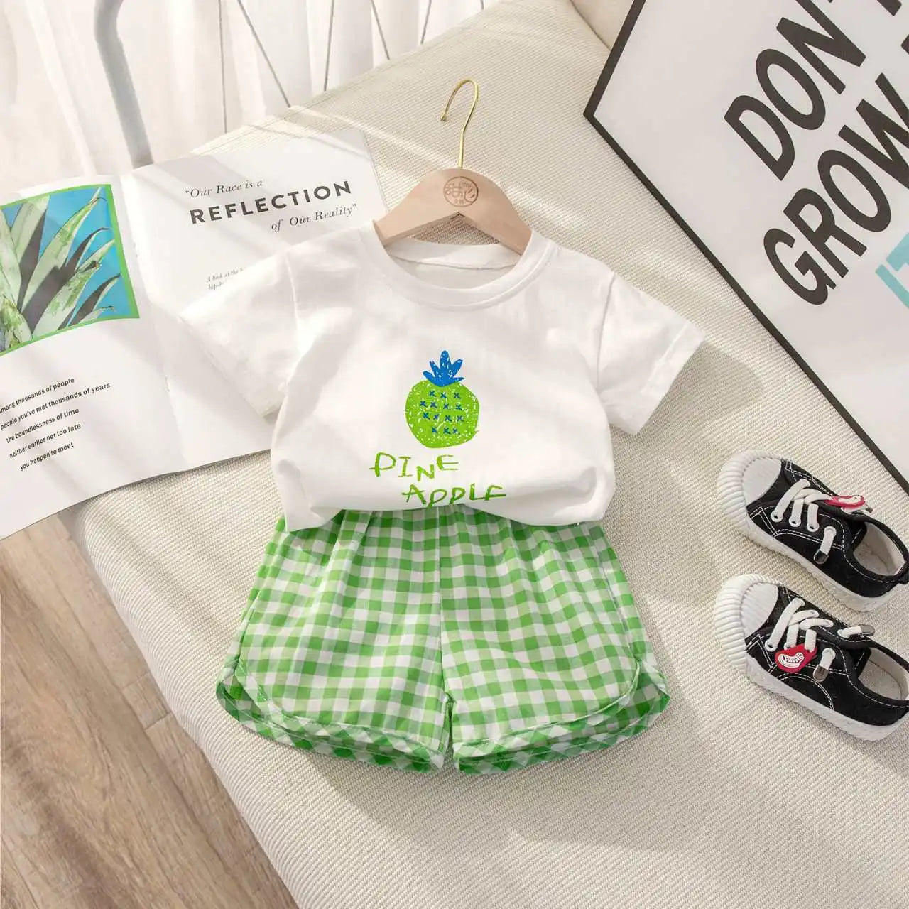 Children's Sets 2-piece Short-sleeved Round Neck Top+plaid Shorts Fruit Lemon Grape Cartoon Design Outer Wear Casual Summer