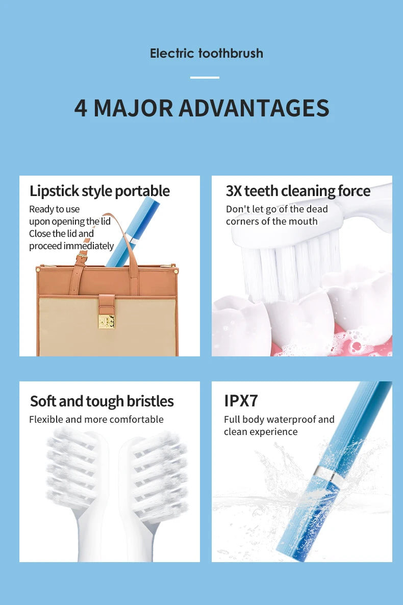 Lipstick Electric Toothbrush Smart Compact and Portable Small Oval Brush Head Deep Cleaning IPX7 Waterproof New Design