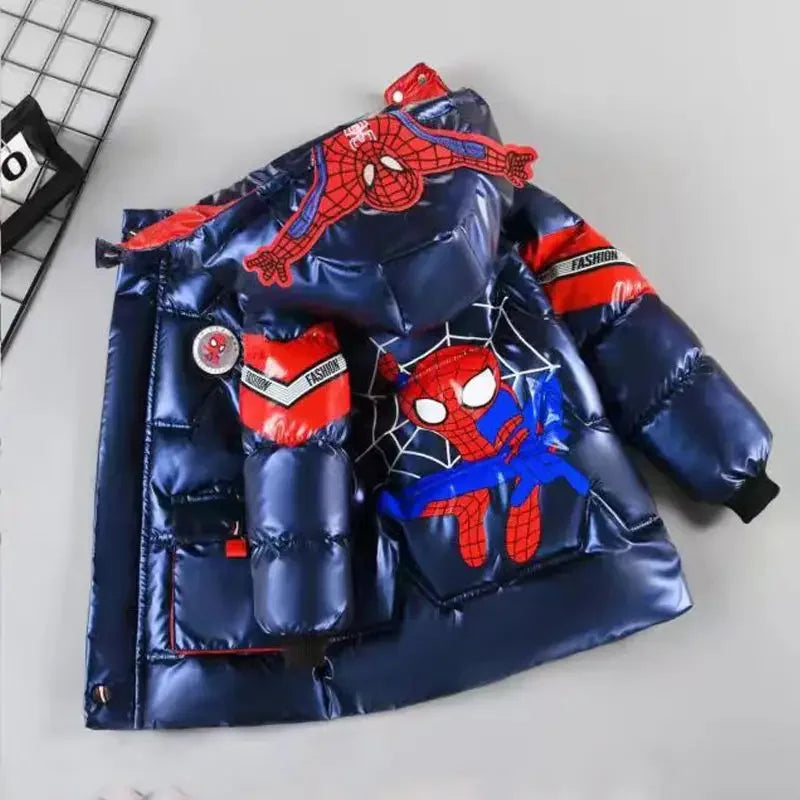 2025 Winter Kids Down Jacket Baby Boy Cartoon Spiderman Thicken Cotton-Padded Warm Hooded Parka Coat Children Clothing Outerwear