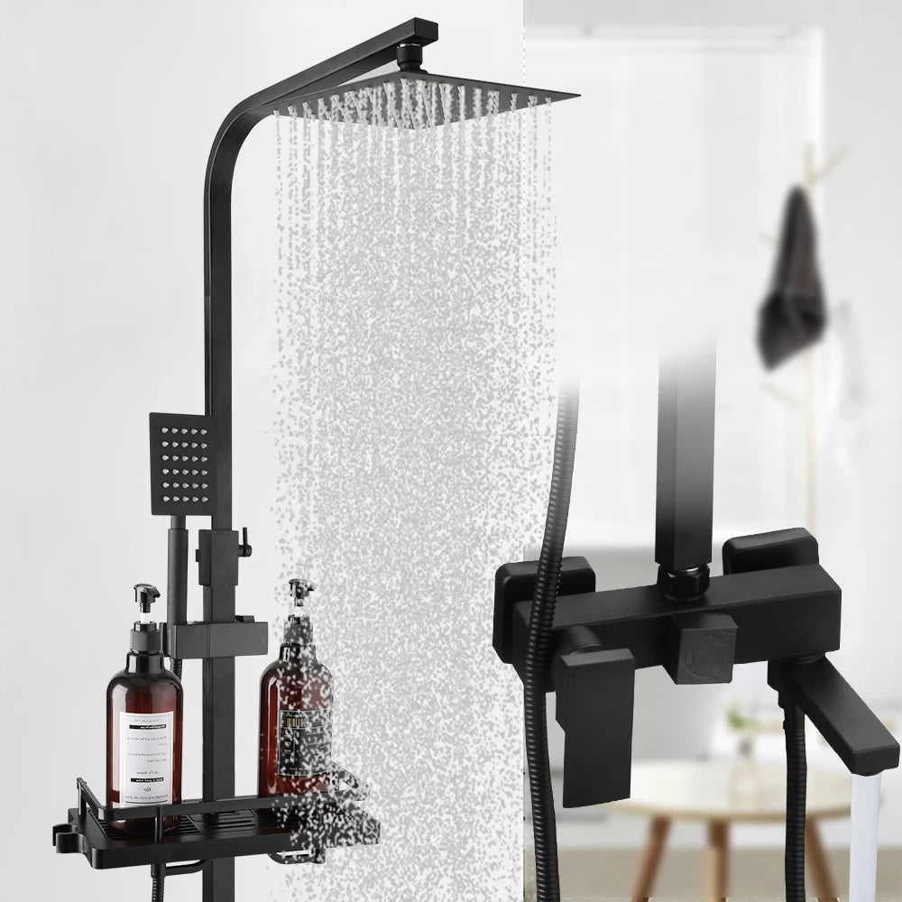 KEMAIDI Rainfall Bathroom Shower Faucet Set With Rack Shelf Bathtub Mixer Tap Black Wall Mounted Brass Bath Cabin System