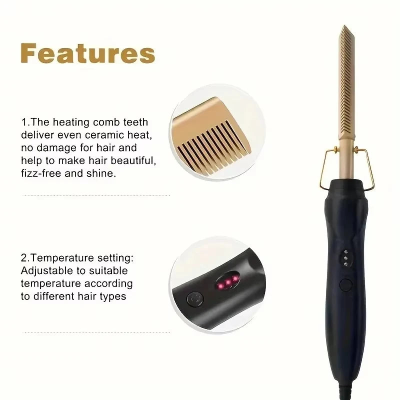 Multi Functional Electric Copper Comb Straightener, Dual-purpose for Comb, Perm Stick, Curly and Straight Hair