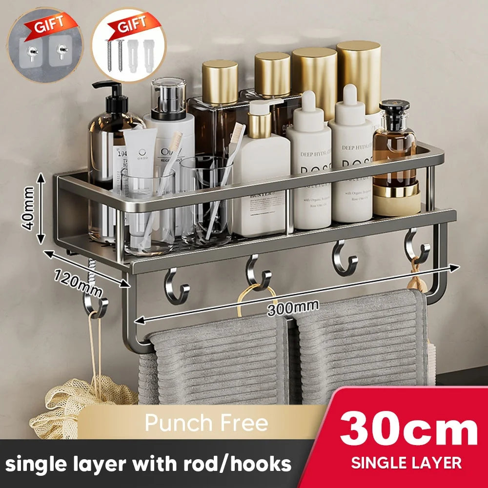 Aluminum Shower Organiser Bathroom Shelf Without Drilling Gray Wall Toilet Storage Shelf Shampoo Holder Bathroom Accessories