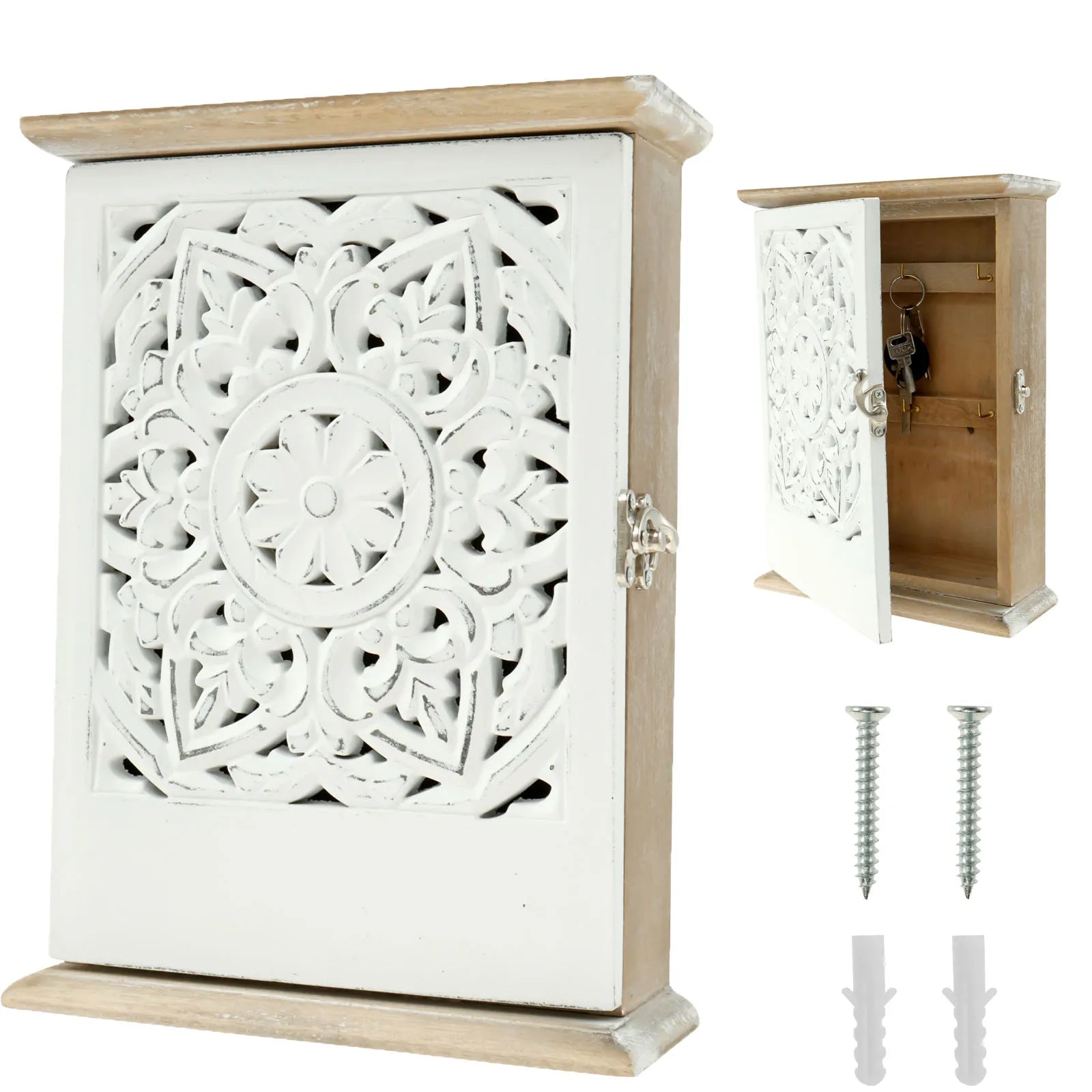 Wood Key Cabinet Box with 6 Hook Wall Hanging Key Storage Ornaments Vintage Key Box for Home Office Entryway Hallway Living Room