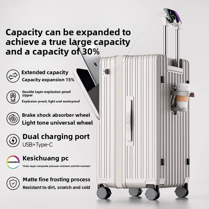 KLQDZMS Cabin Suitcase 20"22"24"26"28"30 Inch Large Capacity Trolley Case USB Charging Boarding Box Front Opening Luggage