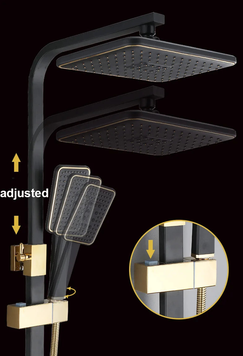 KEMAIDI Black Gold Shower Faucet Set Bathtub  4-way Mixer  Tap with Bidet and Shelf  Bathroom Rainfall Shower Systerm Wall Mount