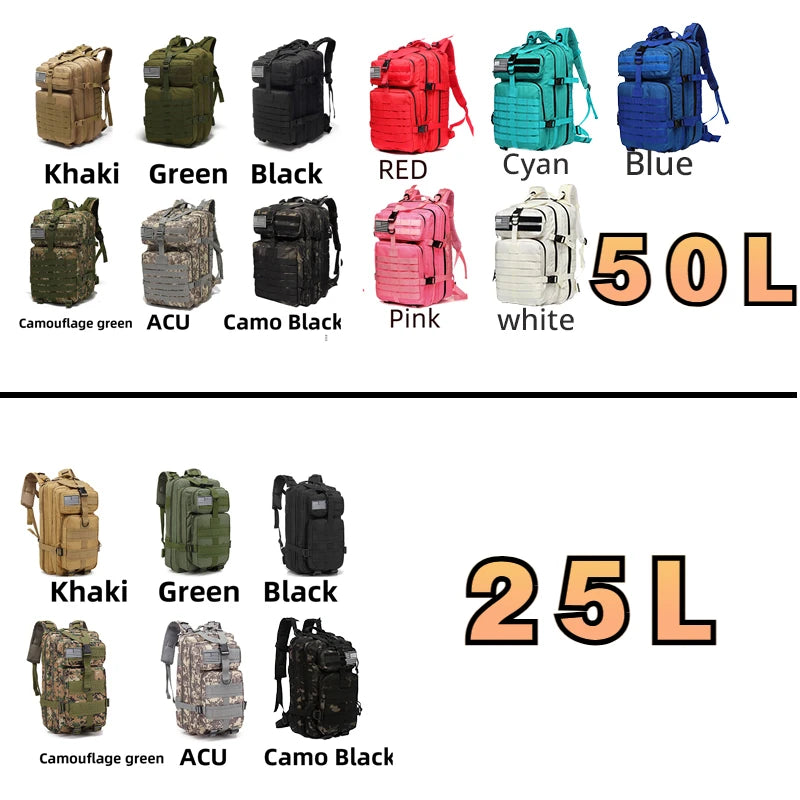 25L/50L Sturdy Nylon Waterproof Tactical Sports Trekking Fishing Hunting Camping Hiking Bag Backpack Outdoor Rucksacks