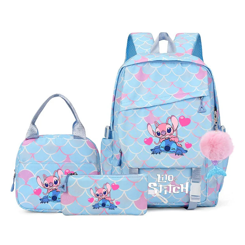 3Pcs Backpack Set Lilo Stitch Girl Kid Student Schoolbags Double Shoulder Bag Travel Pen Lunch Bag Kawaii Bookbag Laptop Bag Set