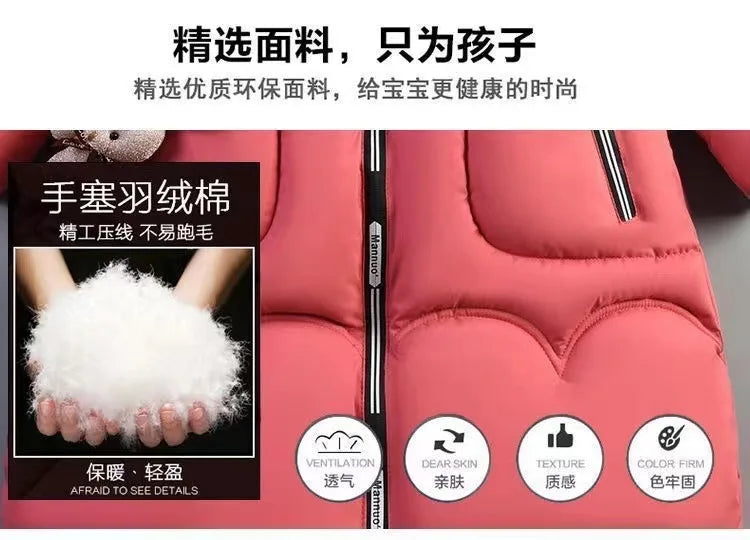 5-14 Years Old Winter Boys Girls Jacket Long Style Hooded Fur Collar Colorful Heavy Coat For Kids Children Outerwear