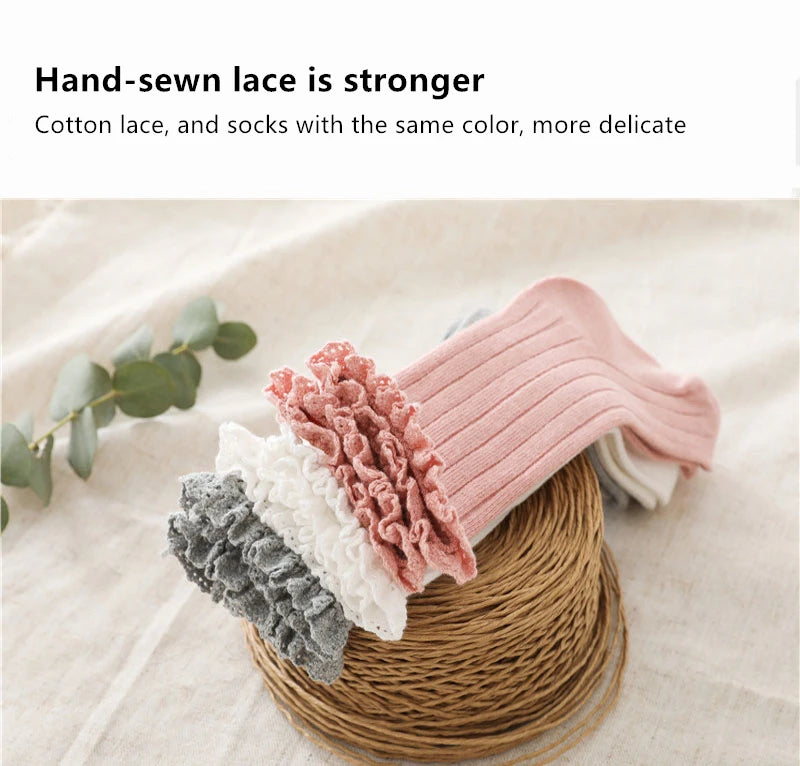 Girls Knee High Socks Baby Kids Toddlers Ruffle Long Soft Cotton Sock Lace Flower Children School Socks
