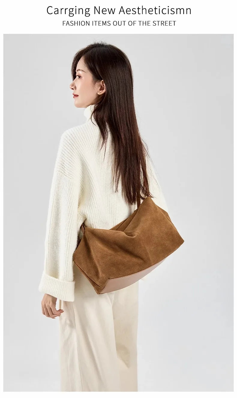 Women's Suede Cow Genuine Leather Shoulder Bags Ladies Soft Cowhide Crossbody Bag Female Design Luxury Lazy Commuting Handbag