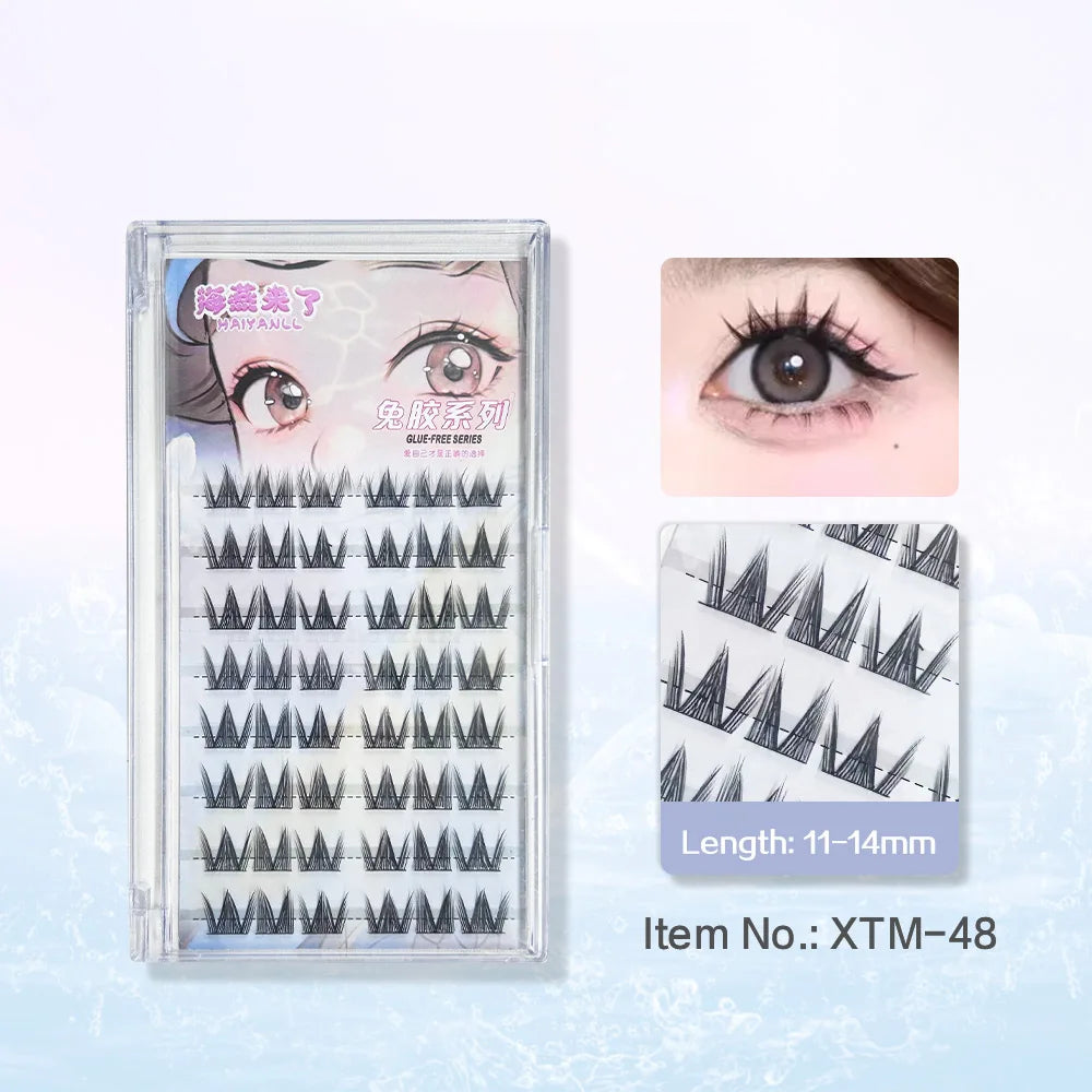Glue-free False Eyelashes, Fishtail Princess Lazy Eyelashes, Natural Transparent Stem, Reused 48 Clusters Large Capacity