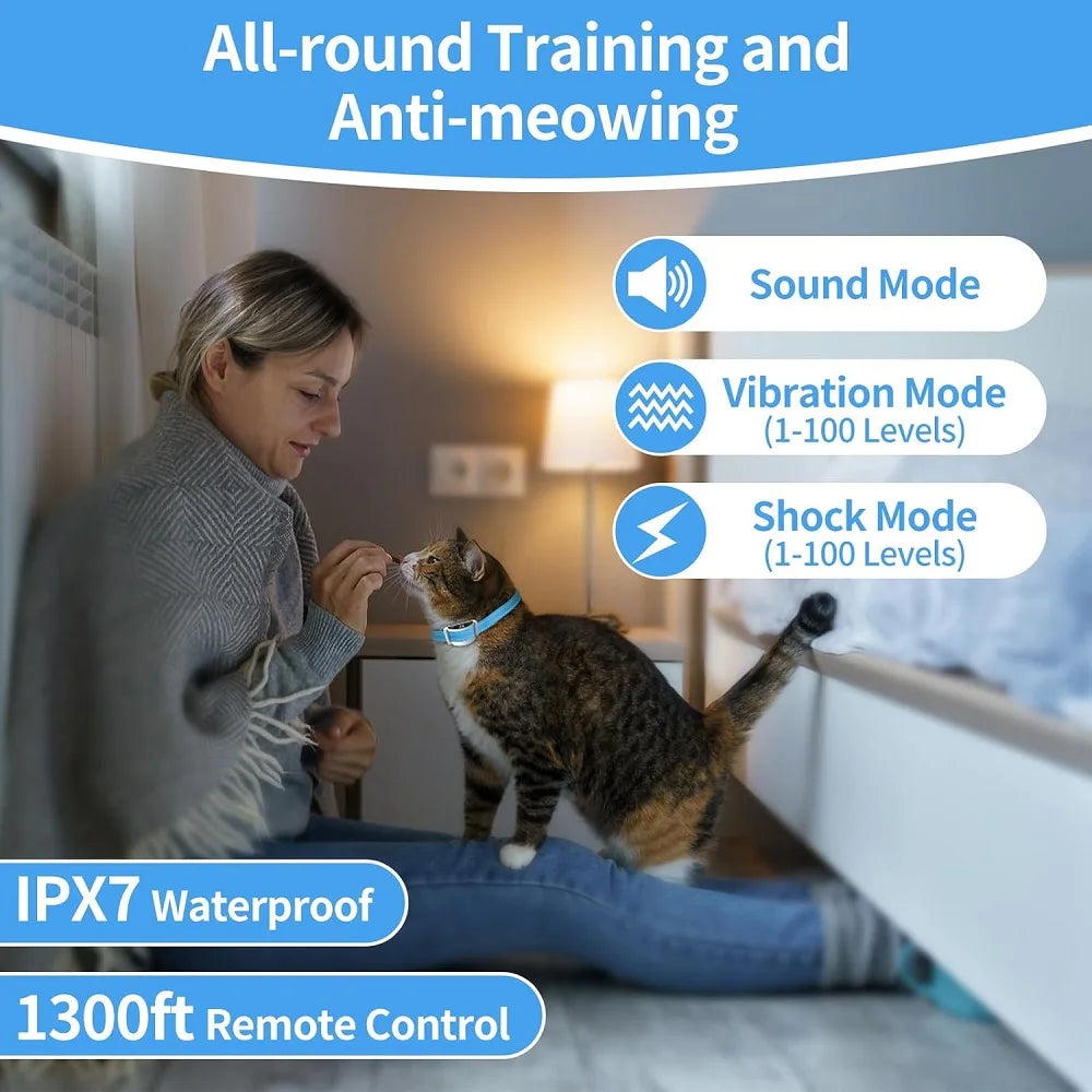 PaiPaitek Cat Training Collar,Cat Shock Collar with Remote ,Cat Stop Meowing Collar, Remote Control/Automatic Anti-Meow for Cats