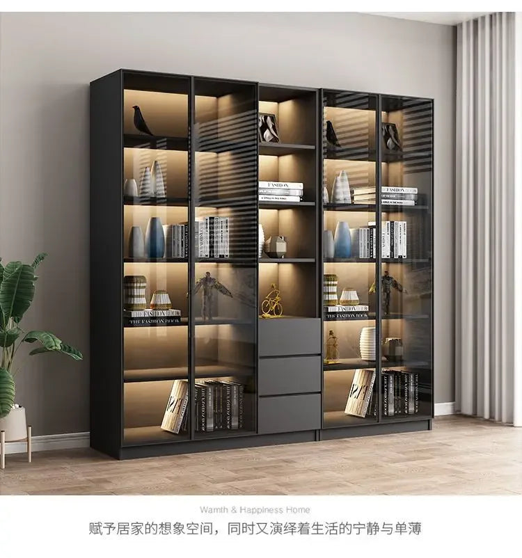 Modern Dust-Proof Bookcase with Glass Door Display Cabinet Modern Luxury Customized Home Living Room Integrated Bookshelf