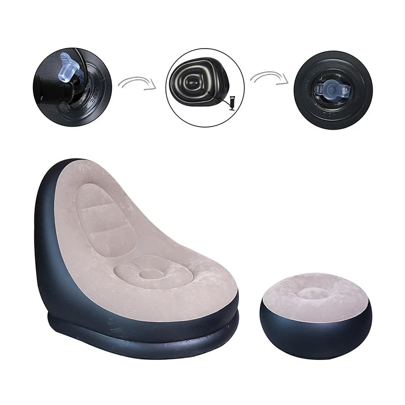 Lazy Inflatable Lounge Chair Pvc Flocking Sofa with Foot Stool Folding Portable Outdoor Camping Air Couch Sofa