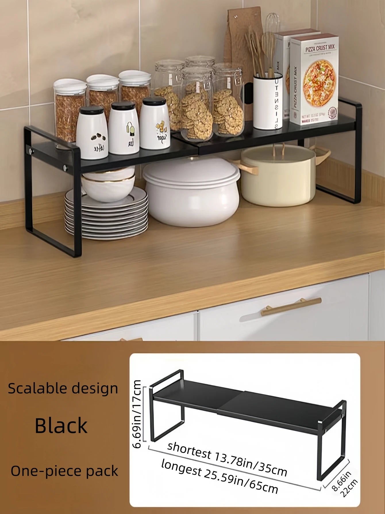 Kitchen cabinet multi-level shelf storage rack, seasoning storage rack, expandable home storage space, heavy-duty metal black