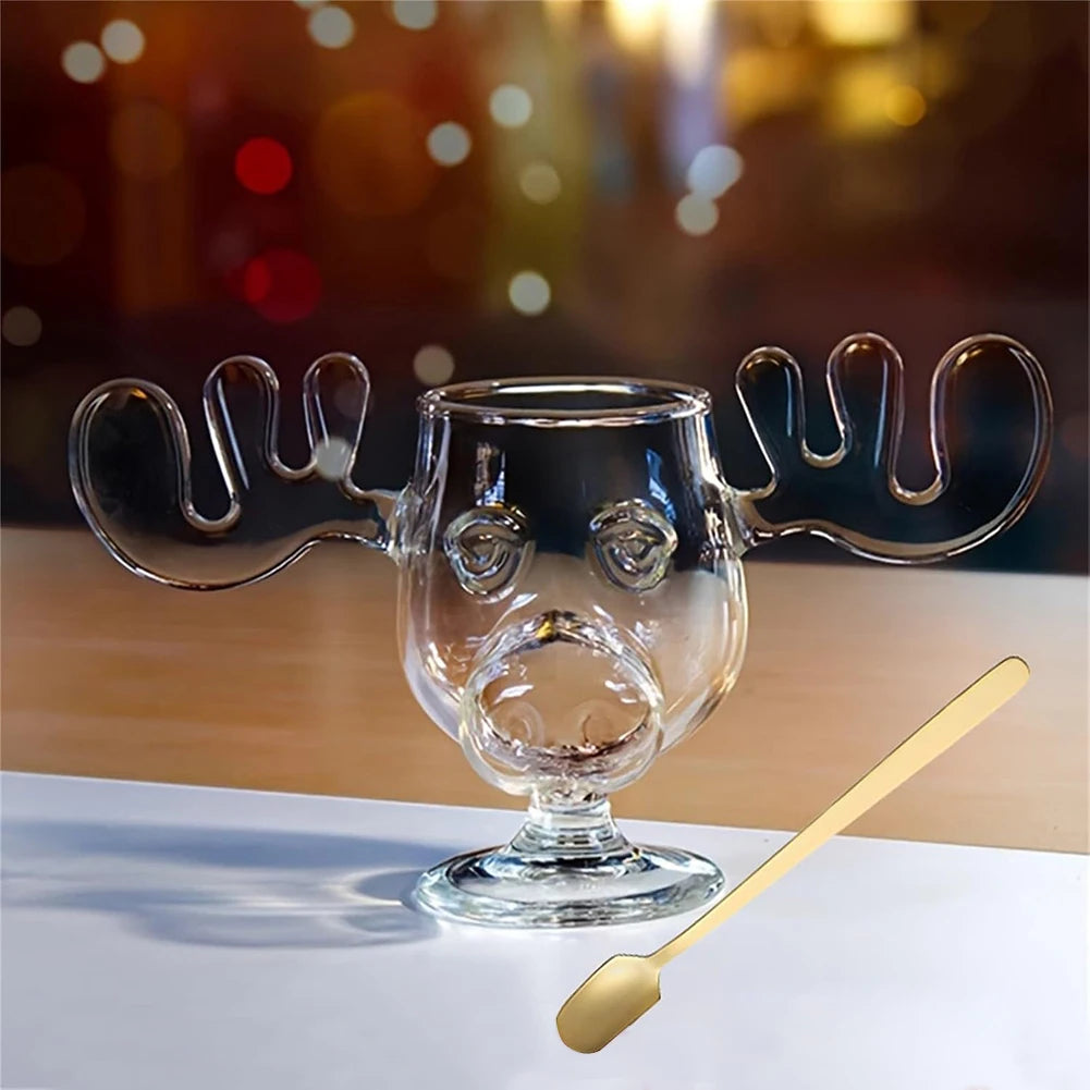 3-1PCS 240ml Christmas Vacation Eggnog Moose Mug Xmas Reindeer Head Creative Elk Glass Clear Wine Water Juice Milk Cup Drinkware