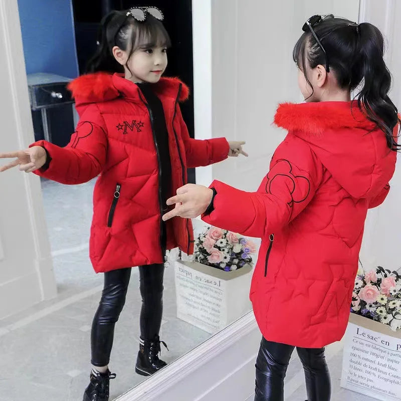 5-14 Years Old Winter Boys Girls Jacket Long Style Hooded Fur Collar Colorful Heavy Coat For Kids Children Outerwear