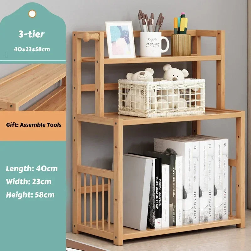 3-tier Wooden Bookshelf Office Student Stationery Organizer Magazine Holder Home Sundries Storage Shelves Kitchen Seasoning Rack