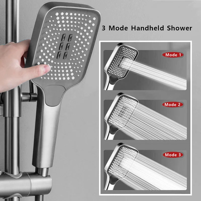 Cheap Gun Gray Bathroom Shower Faucet Set 4 Way ABS Hot and Cold Shower Crane Mixer Tap Bathtub Rainfall Showers System Full Set